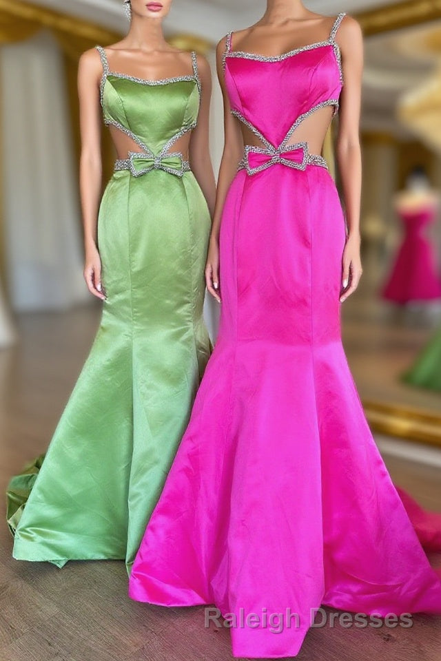 Mermaid Prom Dress Spaghetti Straps Long Evening Dress with Bow