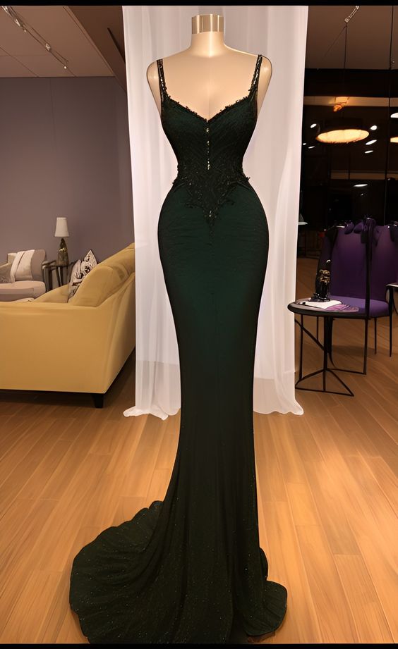 Sparkly Mermaid Spaghetti Straps Sleeveless Sequin Dark Green Prom Dress Long Prom Dresses Main image