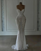 Sparkly Mermaid Spaghetti Straps White Sequin Beaded Wedding Dresses Long Bridal Gowns Wedding Dress