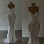 Sparkly Mermaid Spaghetti Straps White Sequin Beaded Wedding Dresses Long Bridal Gowns Wedding Dress
