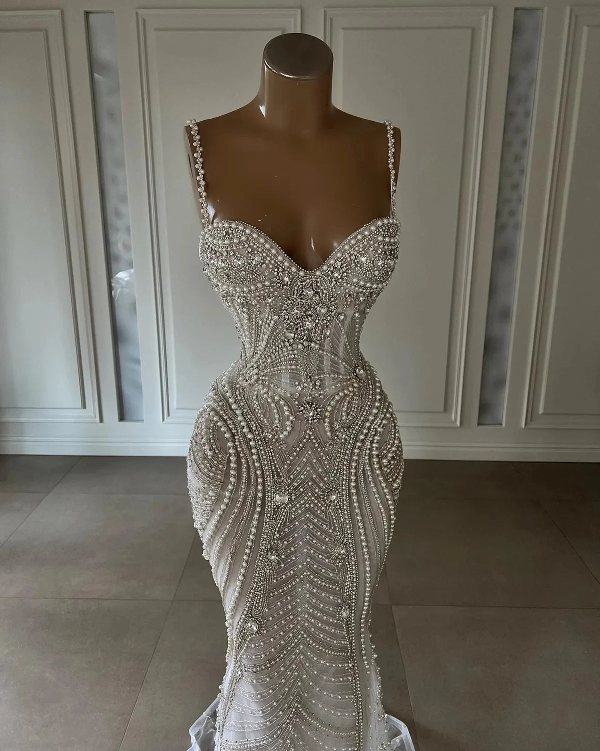 Sparkly Mermaid Spaghetti Straps White Sequin Beaded Wedding Dresses Long Bridal Gowns Wedding Dress
