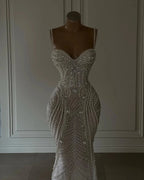 Sparkly Mermaid Spaghetti Straps White Sequin Beaded Wedding Dresses Long Bridal Gowns Wedding Dress