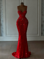 Sparkly Mermaid Spaghetti Straps White Sequin Beaded Wedding Dresses Long Bridal Gowns Wedding Dress