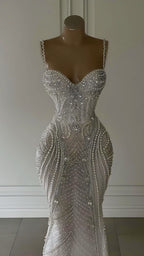 Sparkly Mermaid Spaghetti Straps White Sequin Beaded Wedding Dresses Long Bridal Gowns Wedding Dress