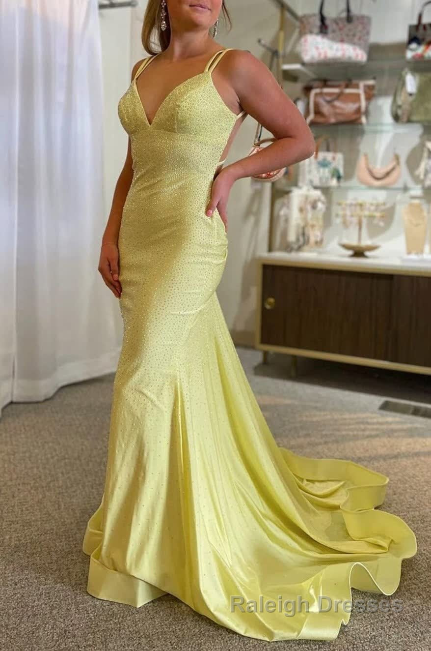 Sparkly Mermaid Spaghetti Straps Yellow Sequins Long Prom Dress Main image