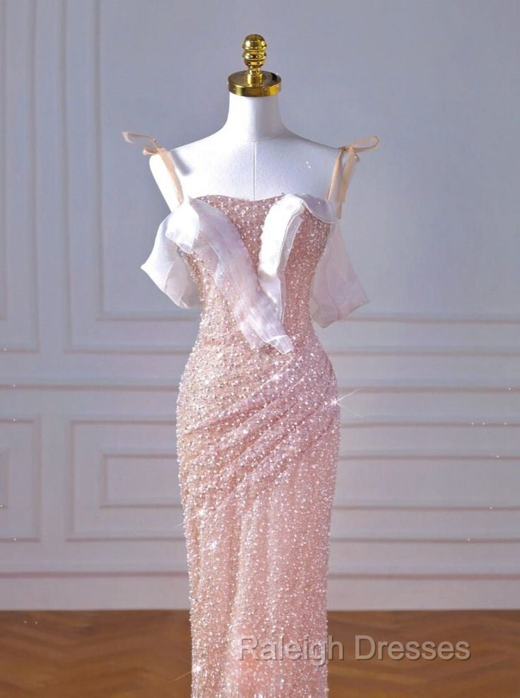 Sparkly Mermaid Straps Pink Tulle Pearls Long Prom Dress