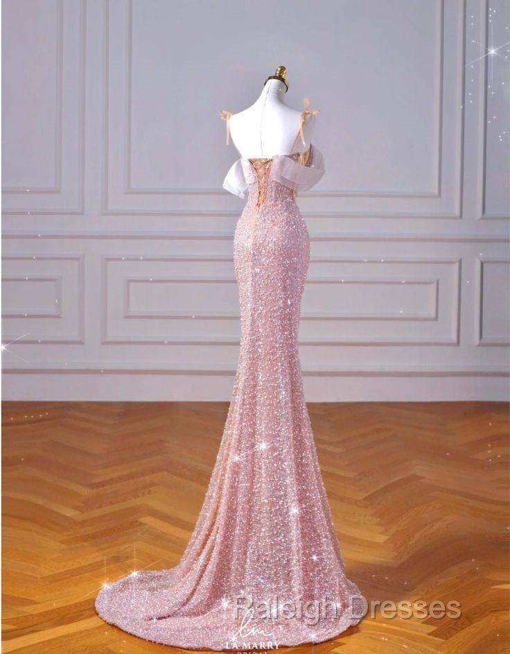 Sparkly Mermaid Straps Pink Tulle Pearls Long Prom Dress