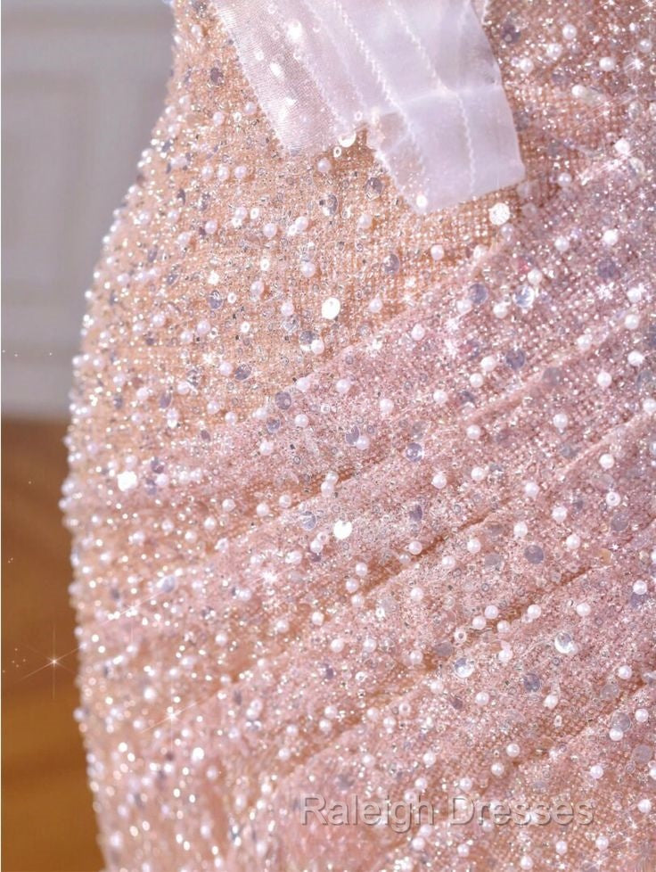 Sparkly Mermaid Straps Pink Tulle Pearls Long Prom Dress
