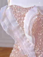 Sparkly Mermaid Straps Pink Tulle Pearls Long Prom Dress