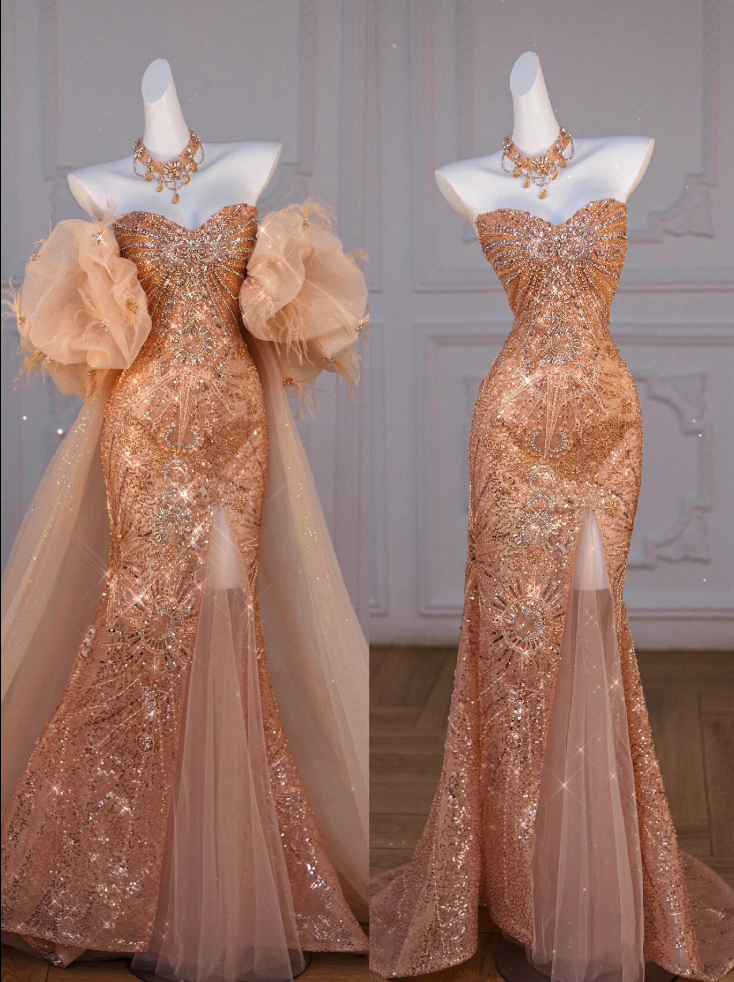 Sparkly Mermaid Sweetheart Sequin Long Slit Gold Evening Dress Prom Dresses With Beads