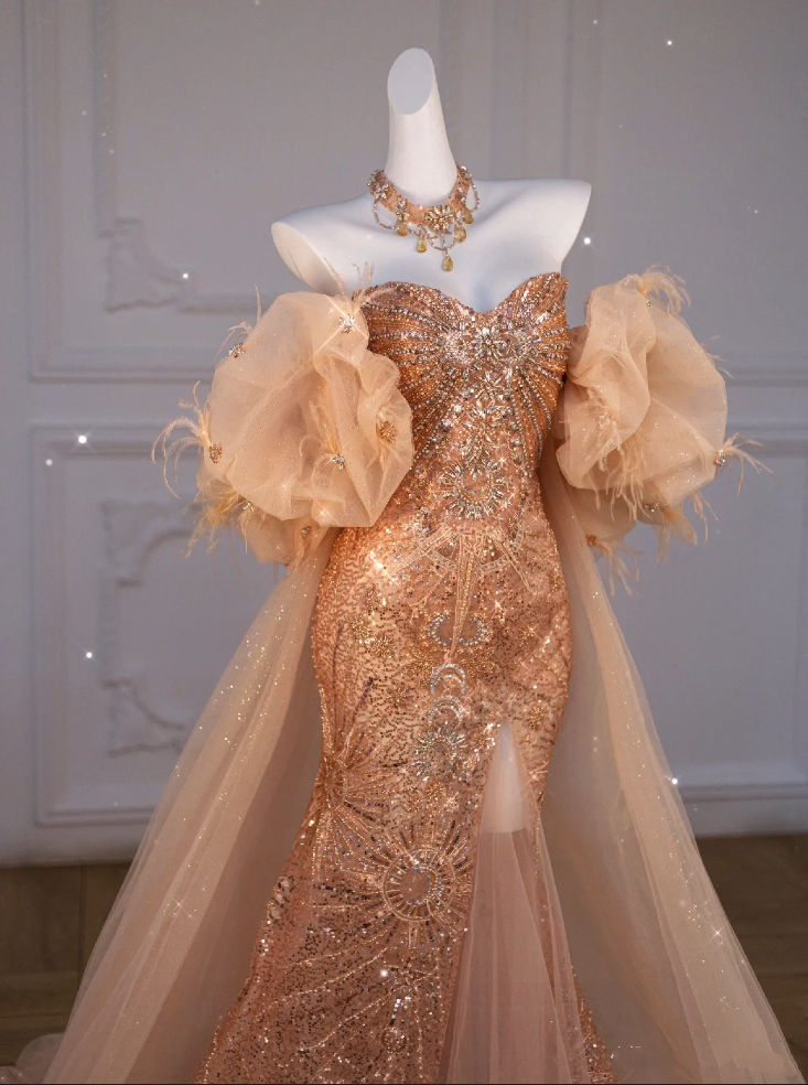 Sparkly Mermaid Sweetheart Sequin Long Slit Gold Evening Dress Prom Dresses With Beads