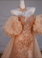 Sparkly Mermaid Sweetheart Sequin Long Slit Gold Evening Dress Prom Dresses With Beads