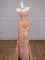Sparkly Mermaid Sweetheart Sequin Long Slit Gold Evening Dress Prom Dresses With Beads