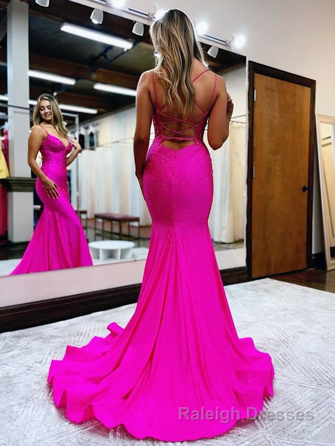 Sparkly Mermaid V Neck Beaded Satin Long Prom Dress Secondary image