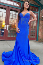 Sparkly Mermaid V Neck Beaded Satin Long Prom Dress