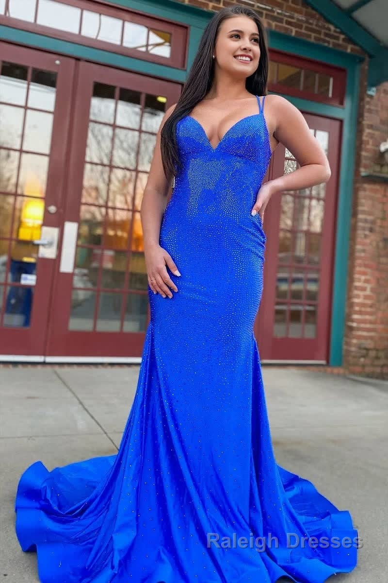 Sparkly Mermaid V Neck Beaded Satin Long Prom Dress
