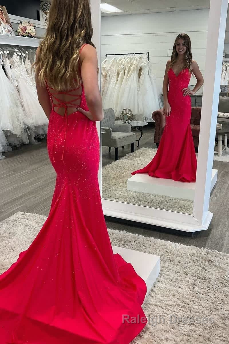 Sparkly Mermaid V Neck Beaded Satin Long Prom Dress