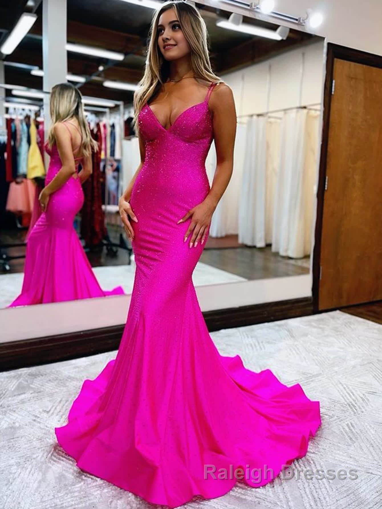 Sparkly Mermaid V Neck Beaded Satin Long Prom Dress Main image