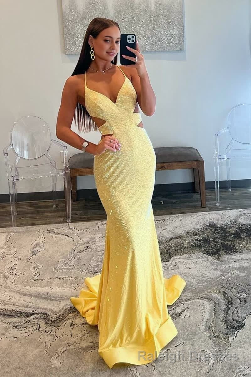 Sparkly Mermaid V Neck Yellow Sequins Long Prom Dresses Main image