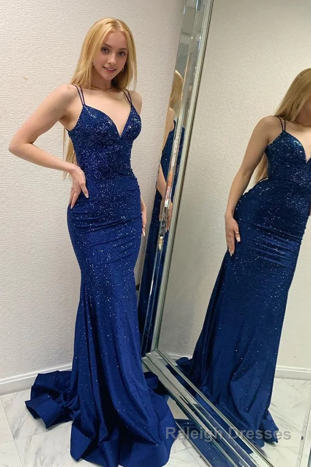 Sparkly Navy Beaded Mermaid Backless Long Prom Dress Main image
