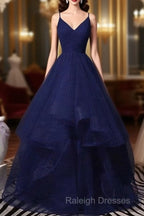 Sparkly Navy Blue Tulle Long Prom Dress Evening Dress