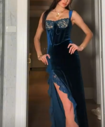 Slit Velvet Lace Prom Dresses Long Prom Dresses