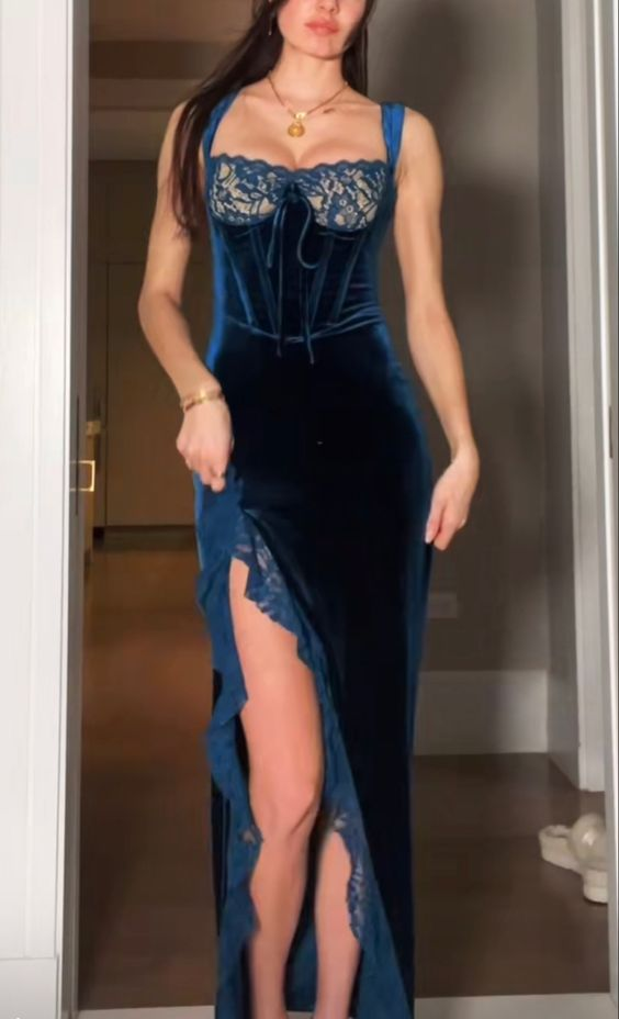 Slit Velvet Lace Prom Dresses Long Prom Dresses
