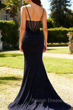 Sparkly Navy Spaghetti Straps Mermaid Long Prom Dress with Slit