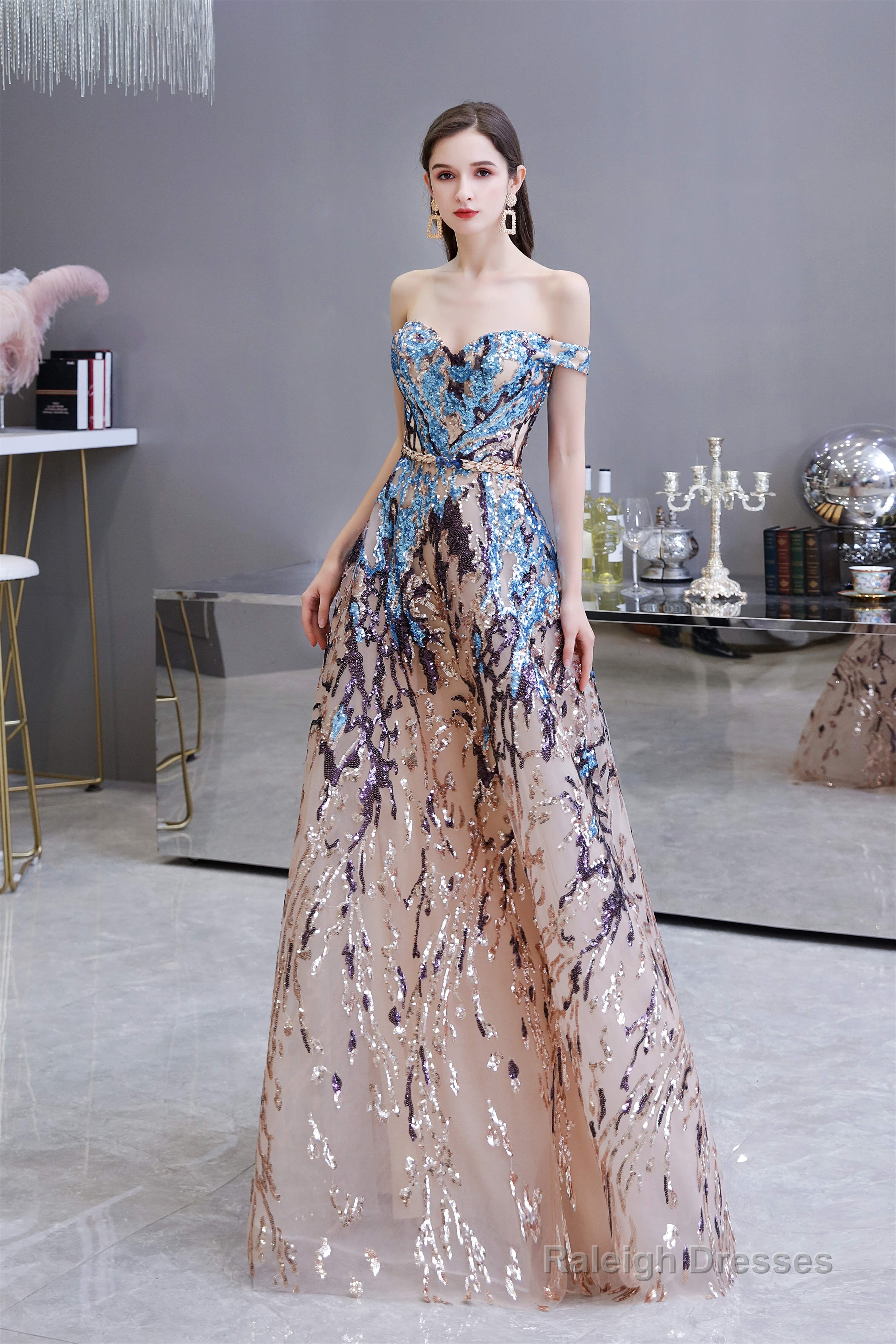 Sparkly Off-the-Shoulder Sequins A line Prom Dresses Floor Length Secondary image