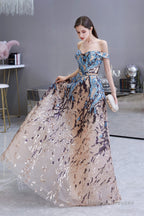 Sparkly Off-the-Shoulder Sequins A line Prom Dresses Floor Length