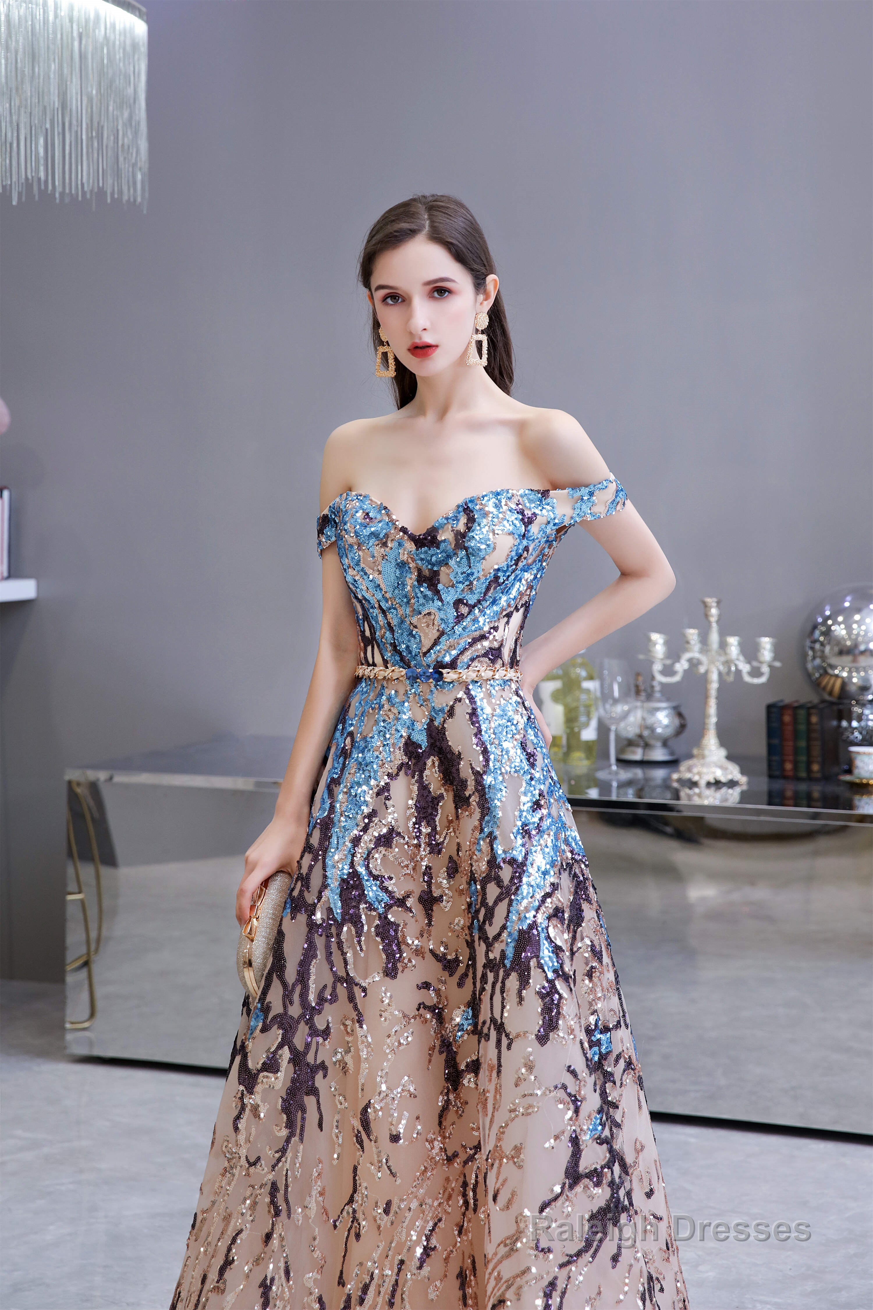 Sparkly Off-the-Shoulder Sequins A line Prom Dresses Floor Length