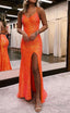 Sparkly Orange Open Back Sequins Long Prom Dress with Slit Formal Prom Dresses