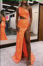 Sparkly Orange Sequin One Shoulder Long Prom Dress with Slit