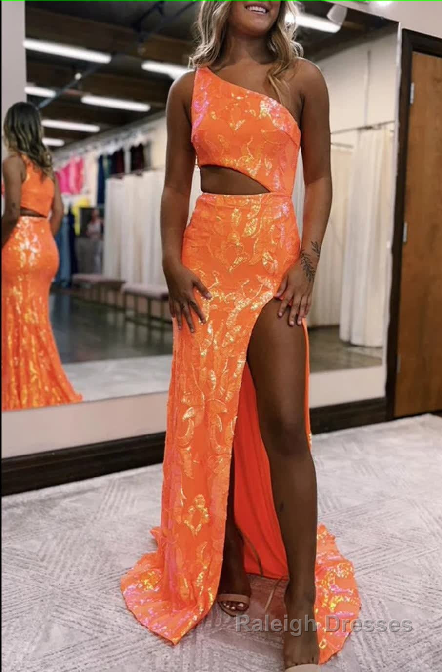 Sparkly Orange Sequin One Shoulder Long Prom Dress with Slit