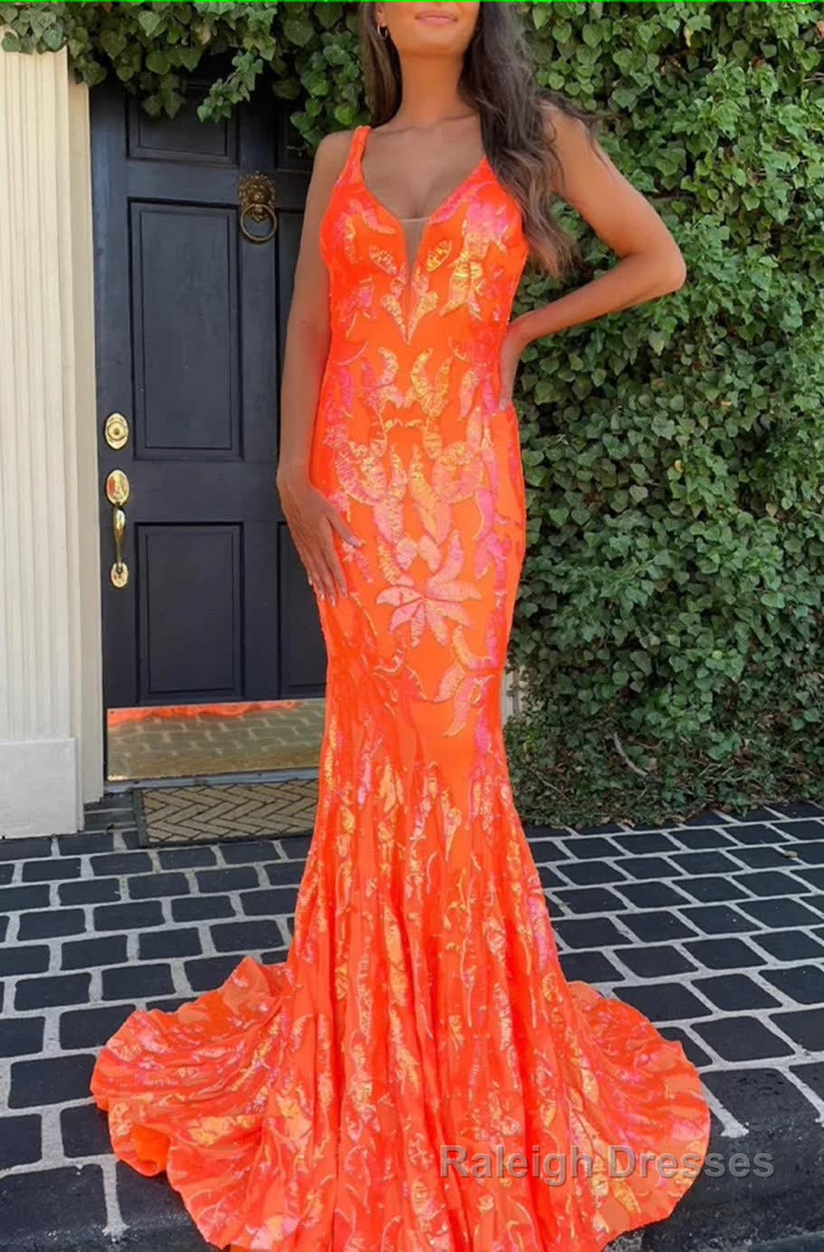 Sparkly Orange Sequin V Neck Mermaid Long Prom Dress Main image