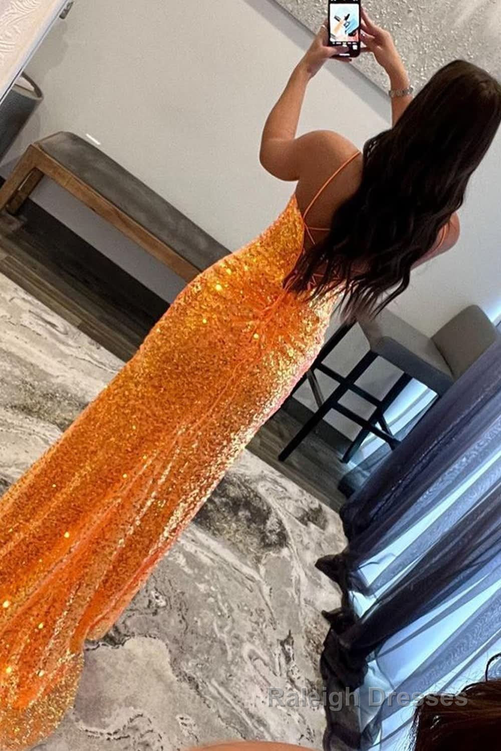 Sparkly Orange Sequins Long Prom Dress with Slit Secondary image