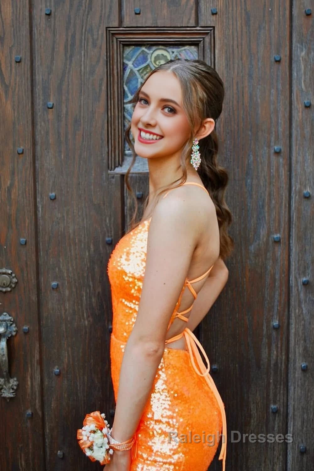 Sparkly Orange Sequins Mermaid Long Prom Dress