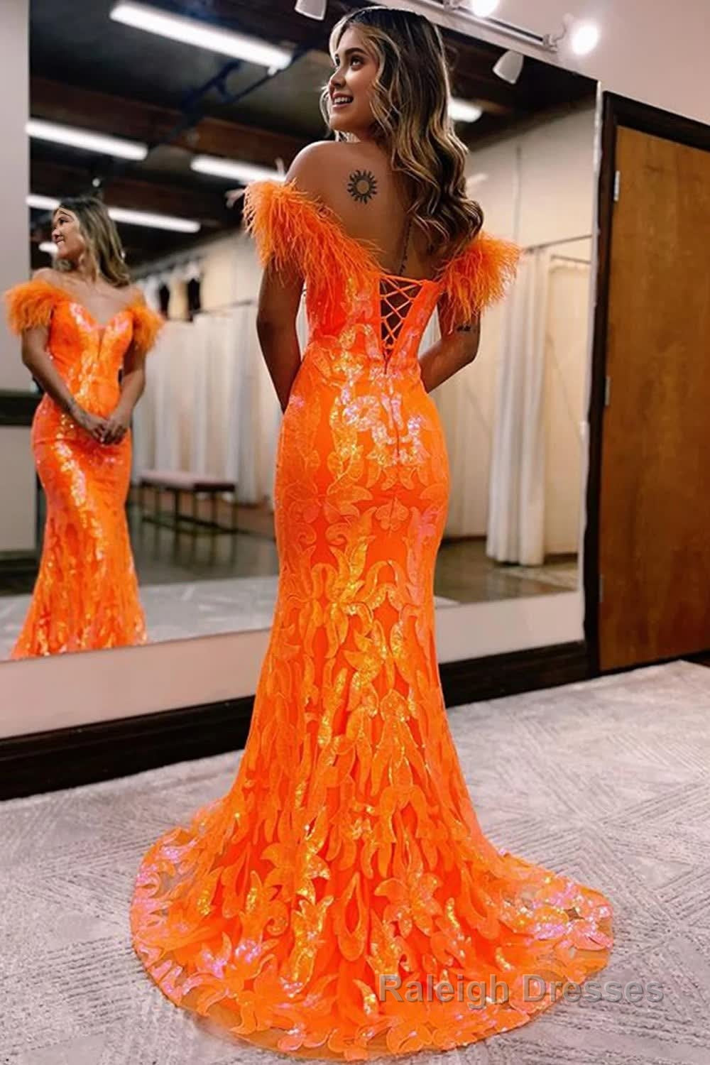 Sparkly Orange Sequins Off the Shoulder Mermaid Long Prom Dress with Feathers Secondary image