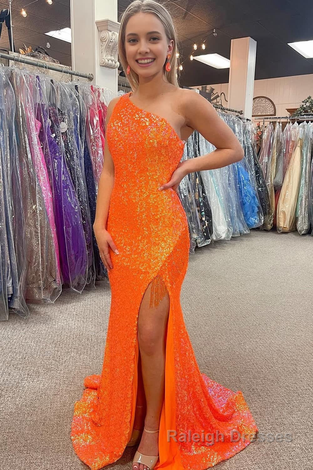 Sparkly Orange Sequins One Shoulder Mermaid Long Prom Dress with Fringes Main image