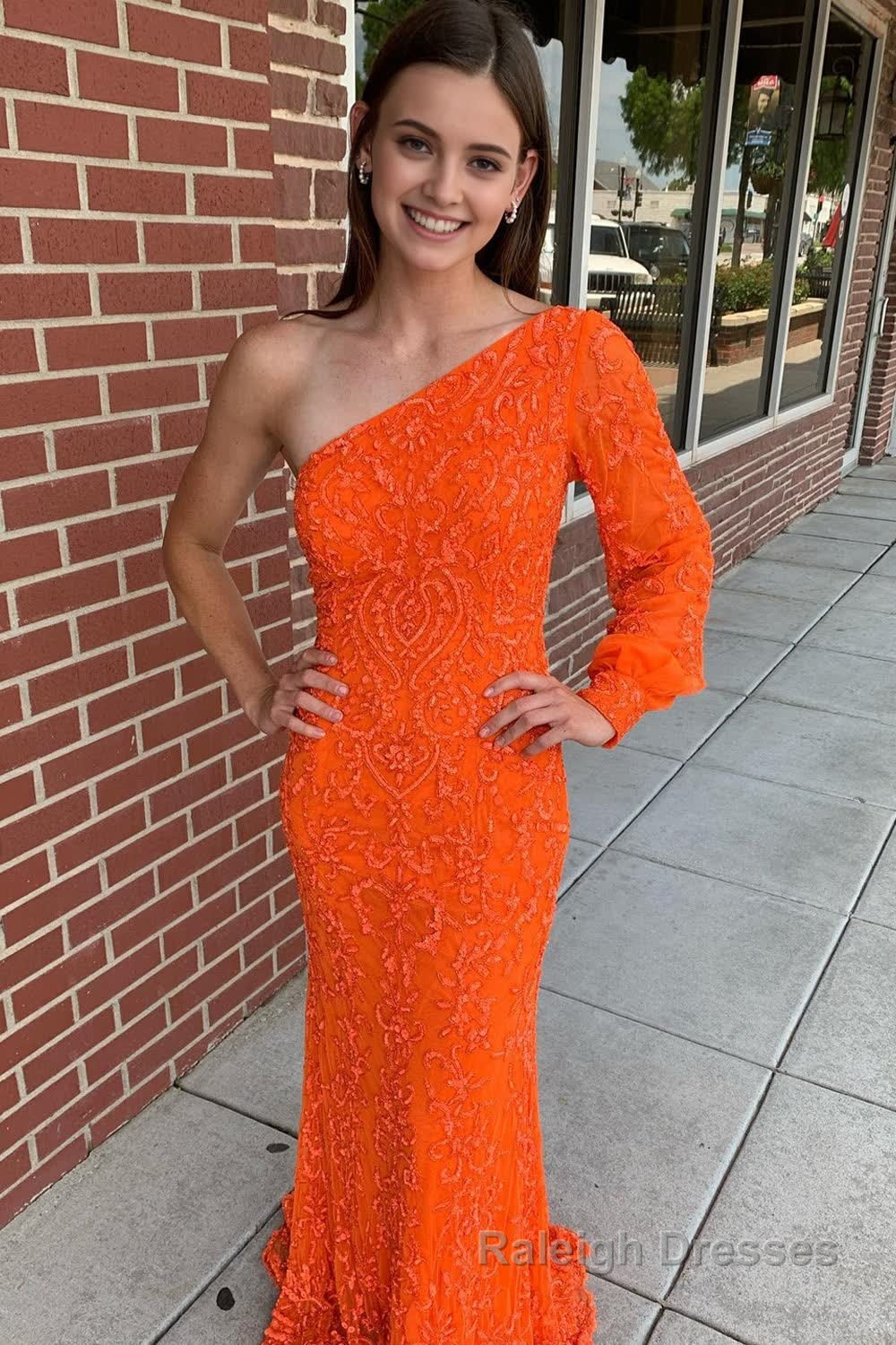 Sparkly Orange Sequins One Shoulder One Sleeve Long Prom Dress Main image