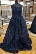 Sparkly Pink One Shoulder A Line Sequins Prom Dress