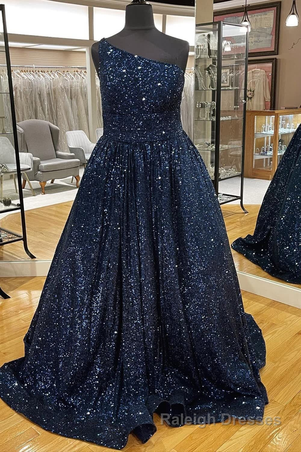 Sparkly Pink One Shoulder A Line Sequins Prom Dress