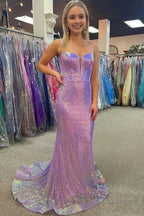 Sparkly Pink Sequin Long Mermaid Corset Prom Dress