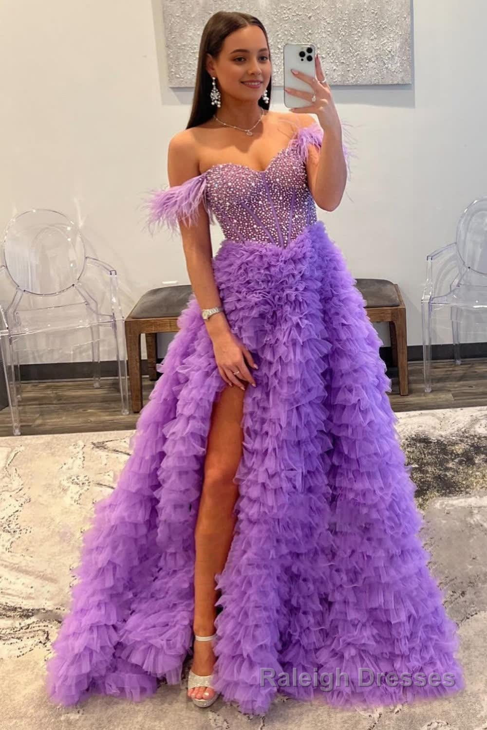 Sparkly Purple Beaded Long Prom Dress with Ruffles Main image