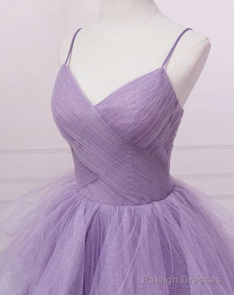 Sparkly Purple Evening Dresses Spaghetti Straps A Line Tulle Prom Dresses