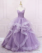Sparkly Purple Evening Dresses Spaghetti Straps A Line Tulle Prom Dresses