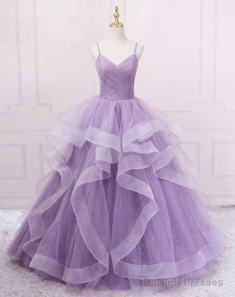 Sparkly Purple Evening Dresses Spaghetti Straps A Line Tulle Prom Dresses