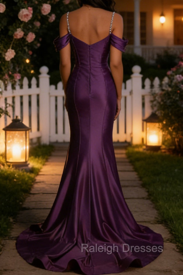 Sparkly Purple Mermaid Cold Shoulder Sequined Ruched Satin Long Prom Dress Secondary image