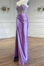 Purple Prom Dress Strapless Mermaid Corset Long Prom Dress with Slit