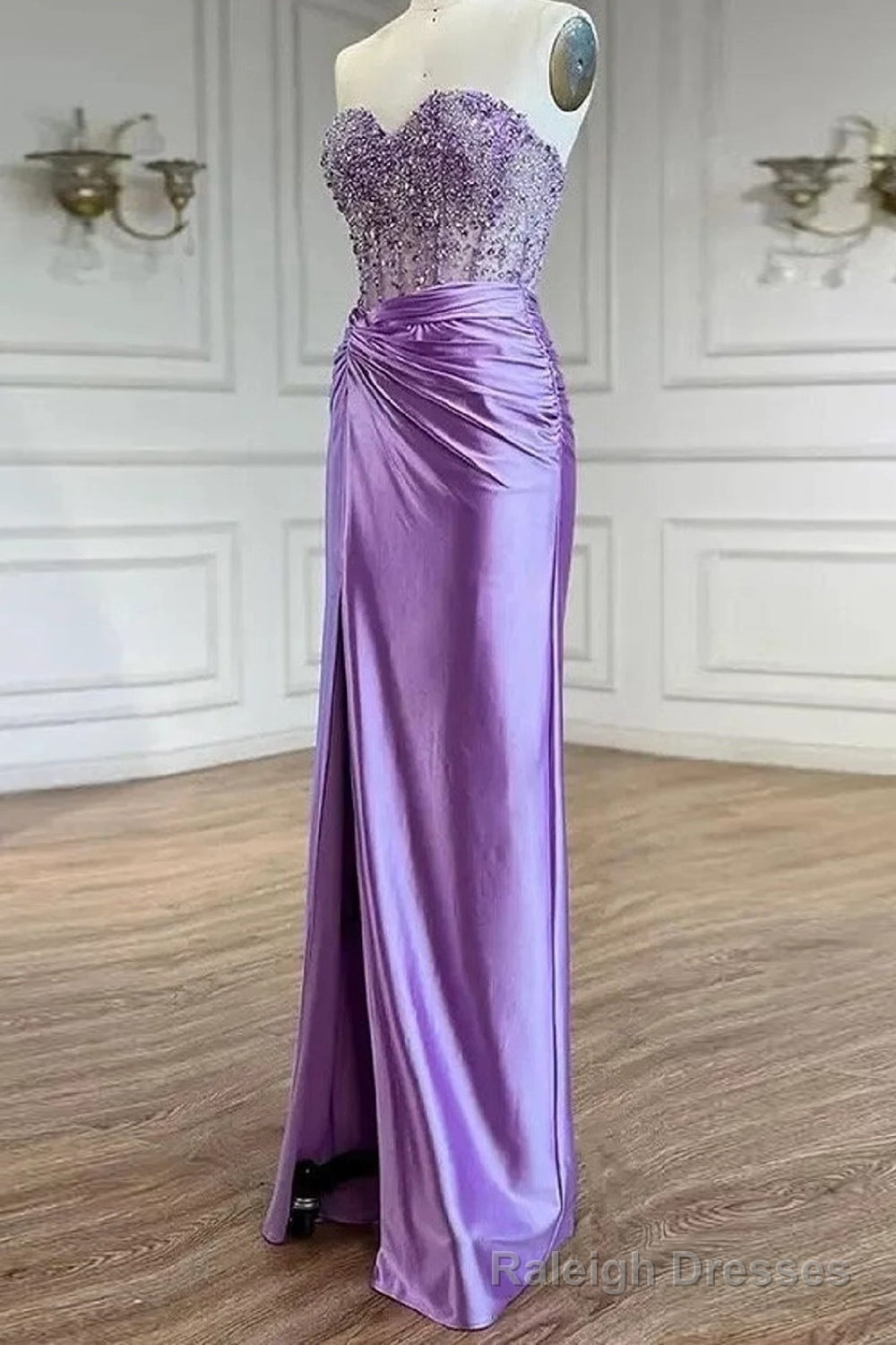 Purple Prom Dress Strapless Mermaid Corset Long Prom Dress with Slit
